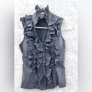 Poetry Button Down Ruffled Sleeveless Top Grey Large